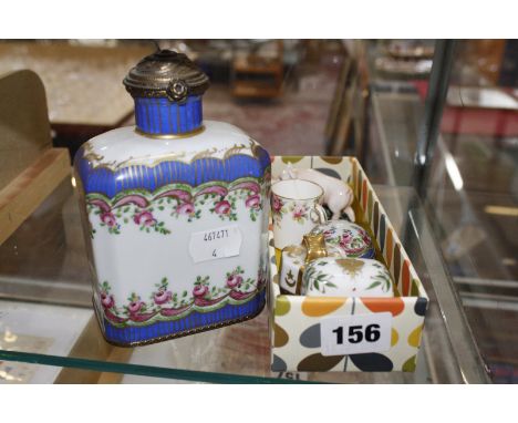 Limoges France porcelain trinket box, enclosing two glass scent bottles, inscribed Dubarry to base, two other porcelain boxes
