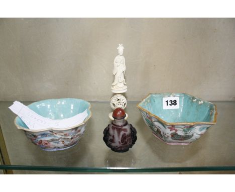 Two Cantonese enamel porcelain bowls, an ivory puzzle ball with figure and a Peking glass snuff bottle -4