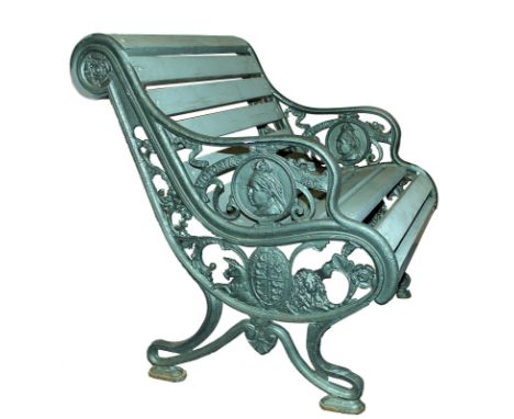 [Queen Victoria] A painted cast iron small garden bench, commemorating the 'Royal Jubilee 1887', with the royal arms and port