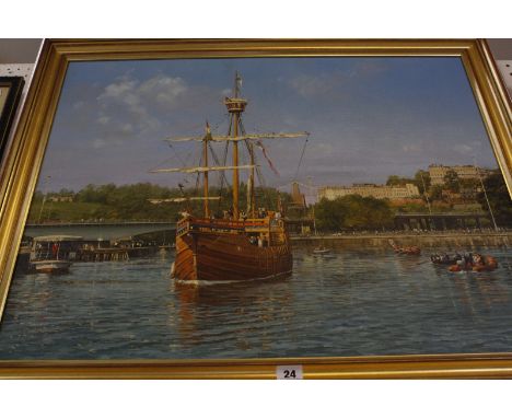 Peter Donnithorne (British, 20th Century) The Launching of the Matthew in the Cumberland Basin, Prince Philip at the helm, Ma