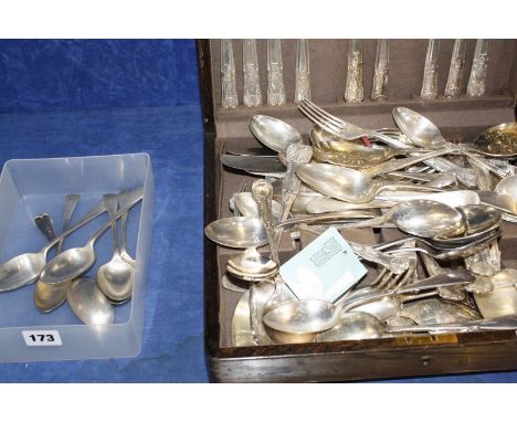 Six silver desert spoons, one Georgian and five Victorian and an oak cased canteen of Kings pattern cutlery, Mappin & Webb an