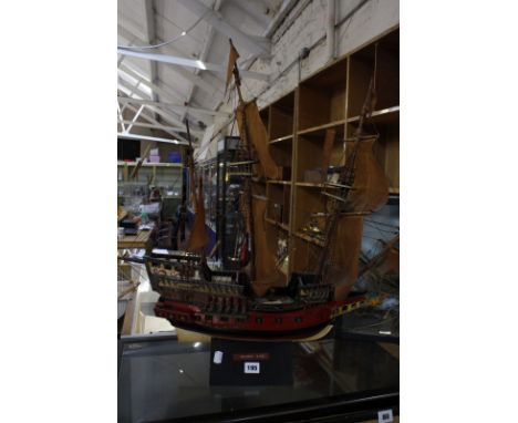 Three scale model ships, the 'Mayflower', 'Sovereign of the Seas' and the ' Golden HIND' -3