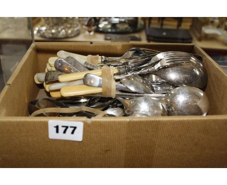 A quantity of silver and silver plated loose flatware, a silver plated hip flask, a cocktail shaker and other items