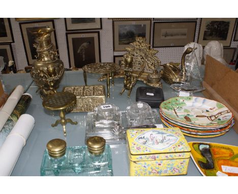 A selection of ceramics, glass and metalware items; to include a brass miniature tilt-top table, an enamelled box with yellow