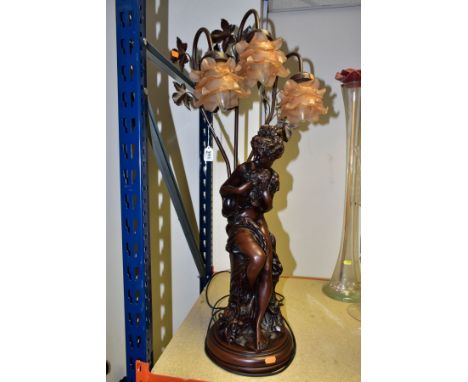 A BRONZED RESIN AND METAL FIGURAL TABLE LAMP, cast as a female figure holding two doves to her chest, the three branch lights