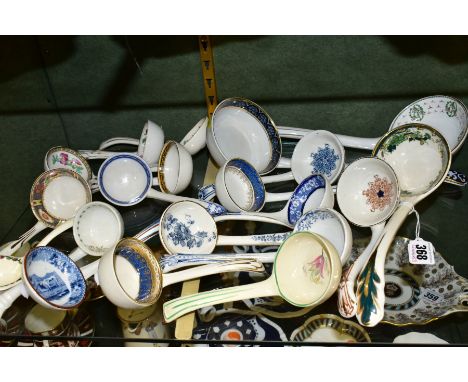 LATE VICTORIAN AND 20TH CENTURY CERAMIC LADLES, to include Masons 'Charteuse', length 27cm, Wedgwood &amp; Co, length 15cm, v
