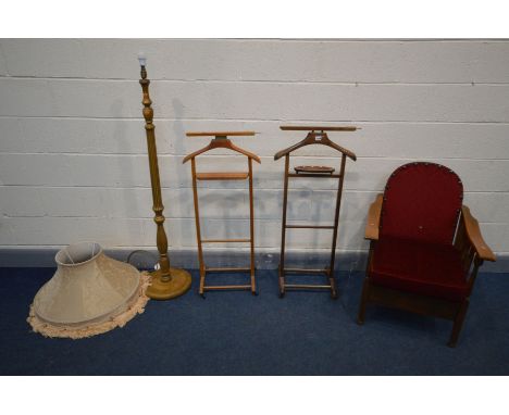 A VICTORIAN GOUT STOOL, mahogany clothes valet, a beech clothes valet, standard lamp with shade and a mid to late 20th centur