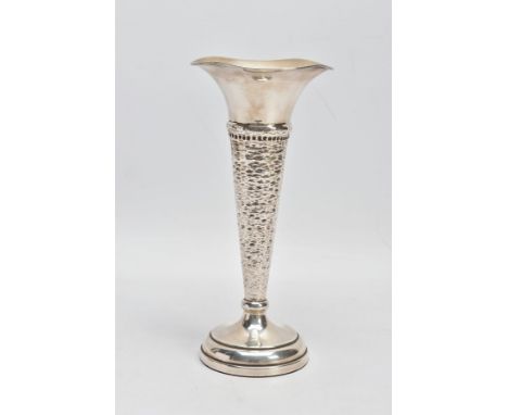 A SILVER STEM VASE, of conical form with hammered detail, flared undulating rim and a weighted base, maker's mark for Bruce R