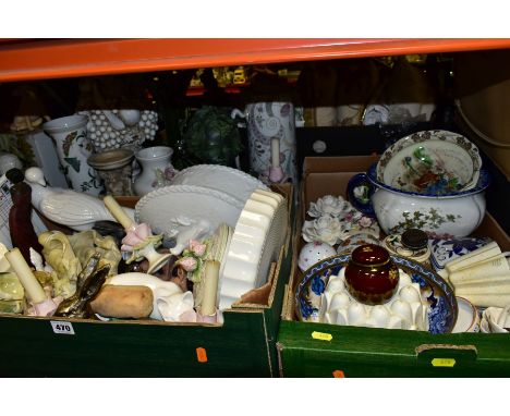 TWO BOXES AND LOOSE CERAMICS, including a Losol Ware bowl with parrot design to the interior, two white glazed jelly moulds, 