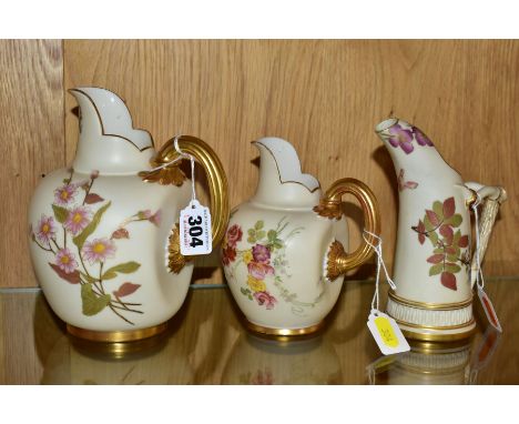 THREE ROYAL WORCESTER IVORY GROUND JUGS/EWER, comprising a tusk ewer, shape no 1116, date cypher for 1888, height 15.5cm and 