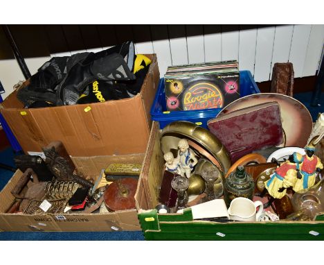 FOUR BOXES AND LOOSE METALWARES, LP's, CERAMICS, GLASSWARE, CLOTHING, MUSIMA ACOUSTIC GUITAR, etc, including a Paico owl shap