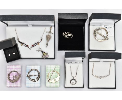 ELEVEN ITEMS OF SCOTTISH JEWELLERY, to include four Ortak pieces, including two necklaces, a brooch and a pair of stud earrin
