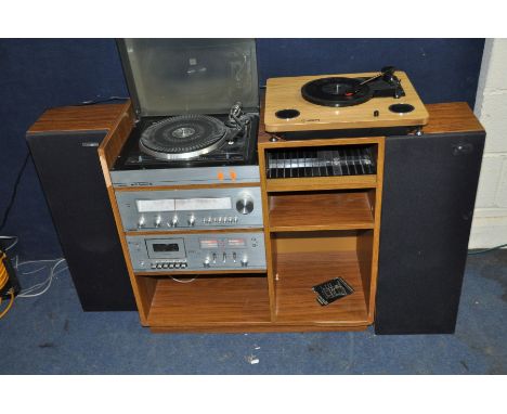 AN ION USB TURNTABLE (PAT pass and working) and a vintage Ferguson Hi Fi in cabinet with two matching speakers (PAT fail due 