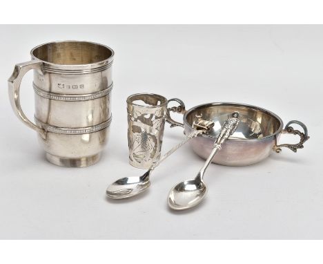 FIVE SILVER ITEMS, to include an early 20th century silver cup with vertical banded detail, silver hallmark for Mappin &amp; 