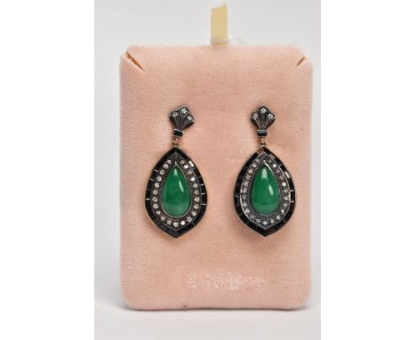 A PAIR OF DROP GEM EARRINGS, each of pear shape outline set with a central pear shape jade cabochon within a brilliant cut di