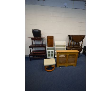 A QUANTITY OF VARIOUS FURNITURE, to include two various mahogany coffee tables, two oak gate leg tables, painted open bookcas