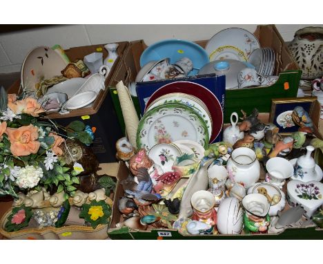 THREE BOXES OF CERAMICS AND LOOSE including assorted modern bird and animal ornaments, plates, vases, cottage ware, a Poole p