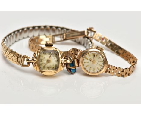TWO LADIES WRISTWATCHES, featuring a 9ct gold hand wound Rotary watch, silvered dial with gold baton markers, case hallmarked