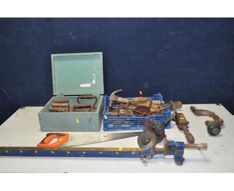 A WOODEN BOX AND A TRAY CONTAINING VINTAGE TOOLS including a Joseph Marples of Sheffield brace, a shoulder brace, two other b