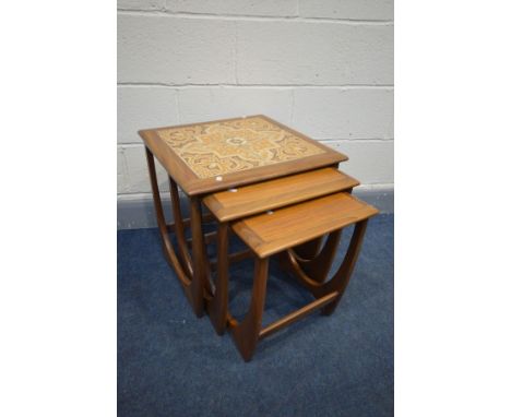 A G PLAN FRESCO NEST OF THREE TABLES, the largest table with tile inserts, largest table 50cm squared x height 51cm