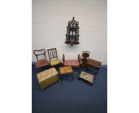 A COLLECTION OF MAHOGANY OCCASSIONAL FURNITURE to include a wall hanging three tier shelf (repairs) three tier cake stand, pi