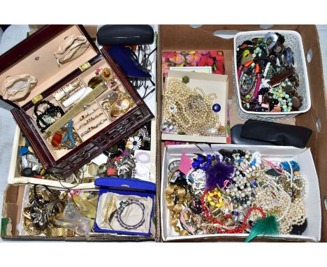 TWO BOXES OF MAINLY COSTUME JEWELLERY, to include a 'Jewelcraft' leaf brooch, a continental decorative enamel bangle, a hinge