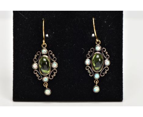 A PAIR OF PERIDOT AND OPAL DROP EARRINGS, the central oval peridot cabochon with four circular collet set opals to the scroll