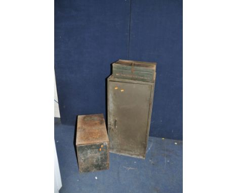 AN INDUSTRIAL METAL CABINET with key width 44cm depth 38cm height 91cm, a vintage Ammo box with Bren 505 printed to the front