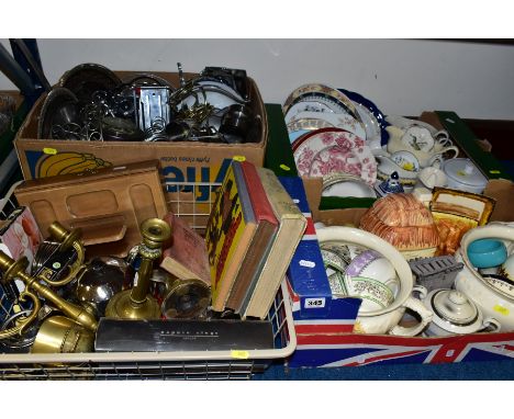 FOUR BOXES OF CERAMICS, METALWARES, BOOKS, etc, including loose flatware, vintage stories and annuals for boys, two chamber p
