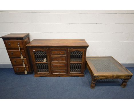 THREE VARIOUS PIECES OF IRON AND MANGOWOOD FURNITURE, to include a sideboard with four central drawers, width 135cm x depth 4