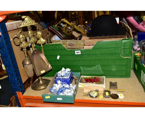 A BOX AND LOOSE OF POSTCARDS, CERAMICS, METALWARES, COLLECTABLES AND BOOKS, including three chamber pots, Royal commemorative