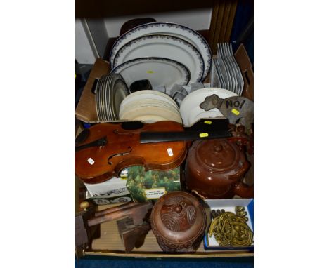 TWO BOXES AND LOOSE MISCELLANEOUS ITEMS, to include a Marples vintage B. B of Sheffield twin arm wooden carpenters plane, inc