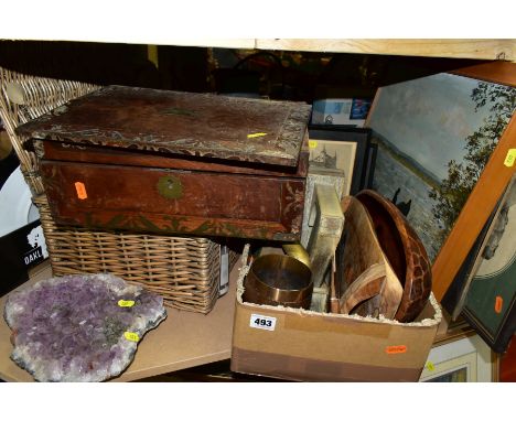 A BOX AND LOOSE SUNDRY ITEMS, PICTURES etc, to include a distressed writing slope, a 'Chatsworth' 16inch cream wicker hamper,