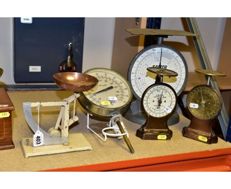 A GROUP OF SIX ASSORTED WEIGHING SCALES AND A THERMONETER, comprising an Avery walnut and satin wood inlaid 4lb class 2 set o