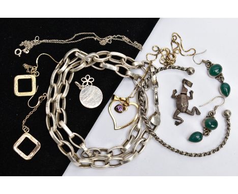 SEVEN ITEMS OF JEWELLERY, to include a thick belcher link necklace, two pairs of drop earrings a heart pendant and chain, and