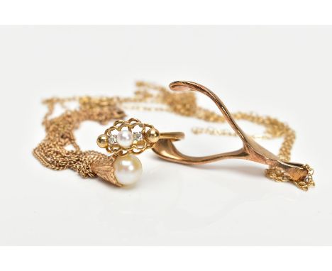 A COLLECTION OF JEWELLERY to include, a hallmarked 9ct gold wishbone pendant and fine chain, a hallmarked 9ct gold cultured p