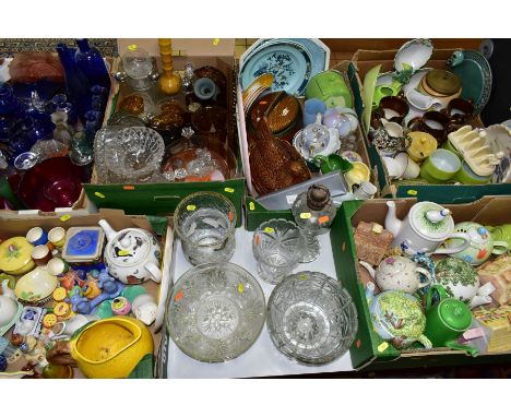 SIX BOXES AND LOOSE CERAMICS AND GLASSWARES, to include novelty shaped cruet sets, novelty teapots (two from The Village Teap