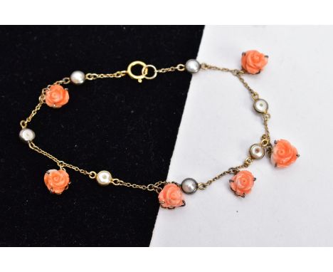 A GEM BRACELET, the fine belcher link chain collet set with mabe pearls interspaced by suspended carved coral roses, to the s