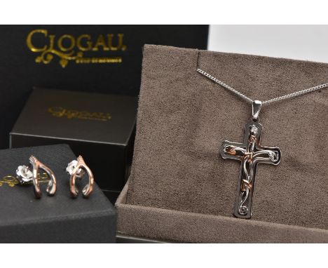 A SILVER CLOGAU PENDANT AND EARRINGS, the 'Tree of Life' cross pendant with rose gold leaf detail, suspended from a fine curb