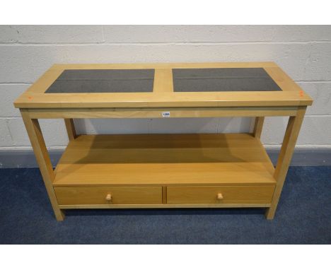 A MODERN OAK AND BEECH SIDE TABLE with double granite inserts, open shelf and two drawers, width 122cm x depth 48cm x height 