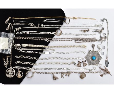 A SELECTION OF SILVER AND WHITE METAL JEWELLERY, to include rings, pendants, bracelets, necklaces, brooches etc, most with ma