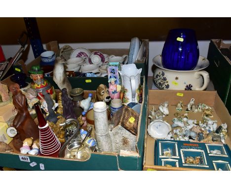 THREE BOXES AND LOOSE ASSORTED CERAMICS, ETC, including a blue glass bowl on clear tripod base, six shaving mugs, Bourne Derb