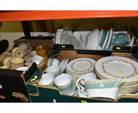 THREE BOXES OF DINNERWARES, TEAWARES, including Royal Worcester Saguenay, three serving plates, fourteen dinner plates and fo