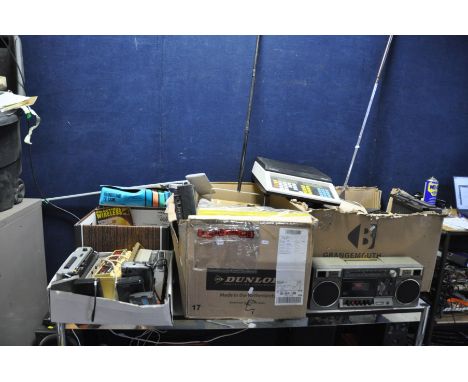 FOUR BOXES OF VINTAGE AUDIO AND HOUSEHOLD ITEMS including twenty plus transistor and clock radios, postal scales, Ewbank carp