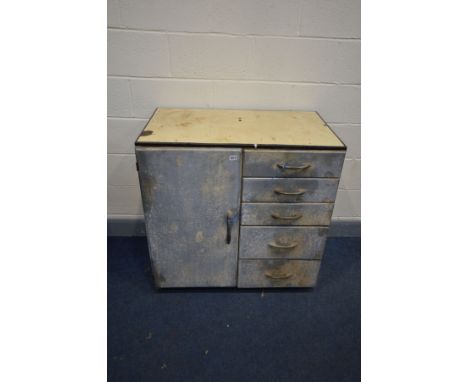 A VINTAGE INDUSTRIAL CABINET, cream enamel top, single cupboard door besides five drawers, width 92cm x depth 56cm x height 9