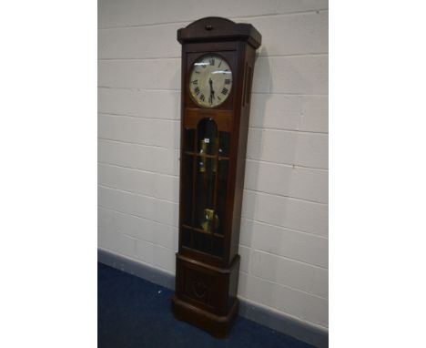 AN EARLY 20TH CENTURY OAK LONGCASE CLOCK, with an 11 inch dial, height 212cm (trunk key, two weights and pendulum)