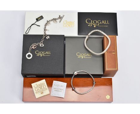 THREE ITEMS OF CLOGAU SILVER JEWELLERY, to include a 'Cariad' hinged bangle with rose gold detail to the clasp, together with