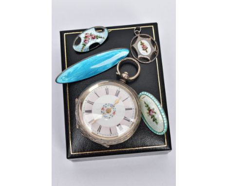 FIVE ITEMS OF JEWELLERY, to include an early 20th century silver pocket watch, with Roman numerals and floral detail to the f