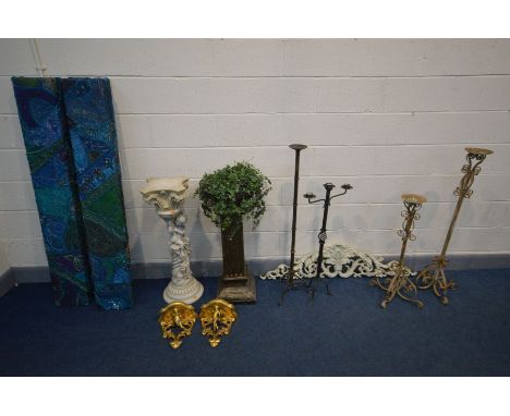A COLLECTION OF DECORATIVE HOUSEHOLD ITEMS to include four wrought iron candle stick holders, hanging cream resin foliate wal