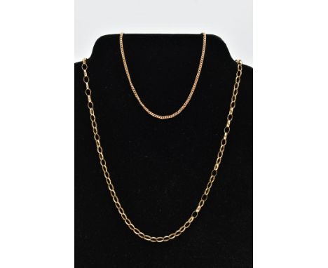 A 9CT GOLD OVAL BELCHER LINK CHAIN AND A YELLOW METAL BRACELET, the chain fitted with a spring clasp hallmarked 9ct gold Lond